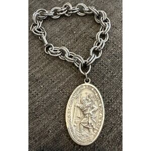 Vintage Saint Christopher Oval Pewter Medal - Bracelet - Go Your Way In Safety